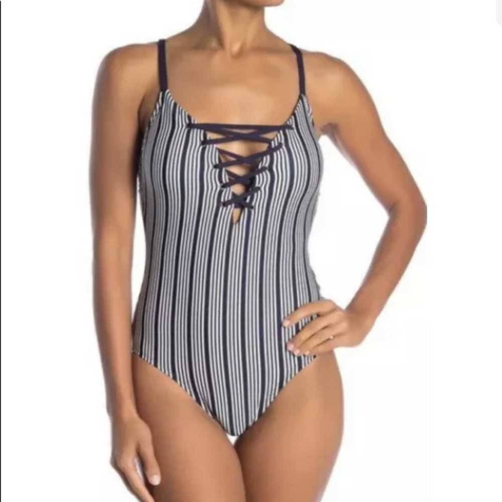 NWT Nautica one piece swim suit navy white strip LG